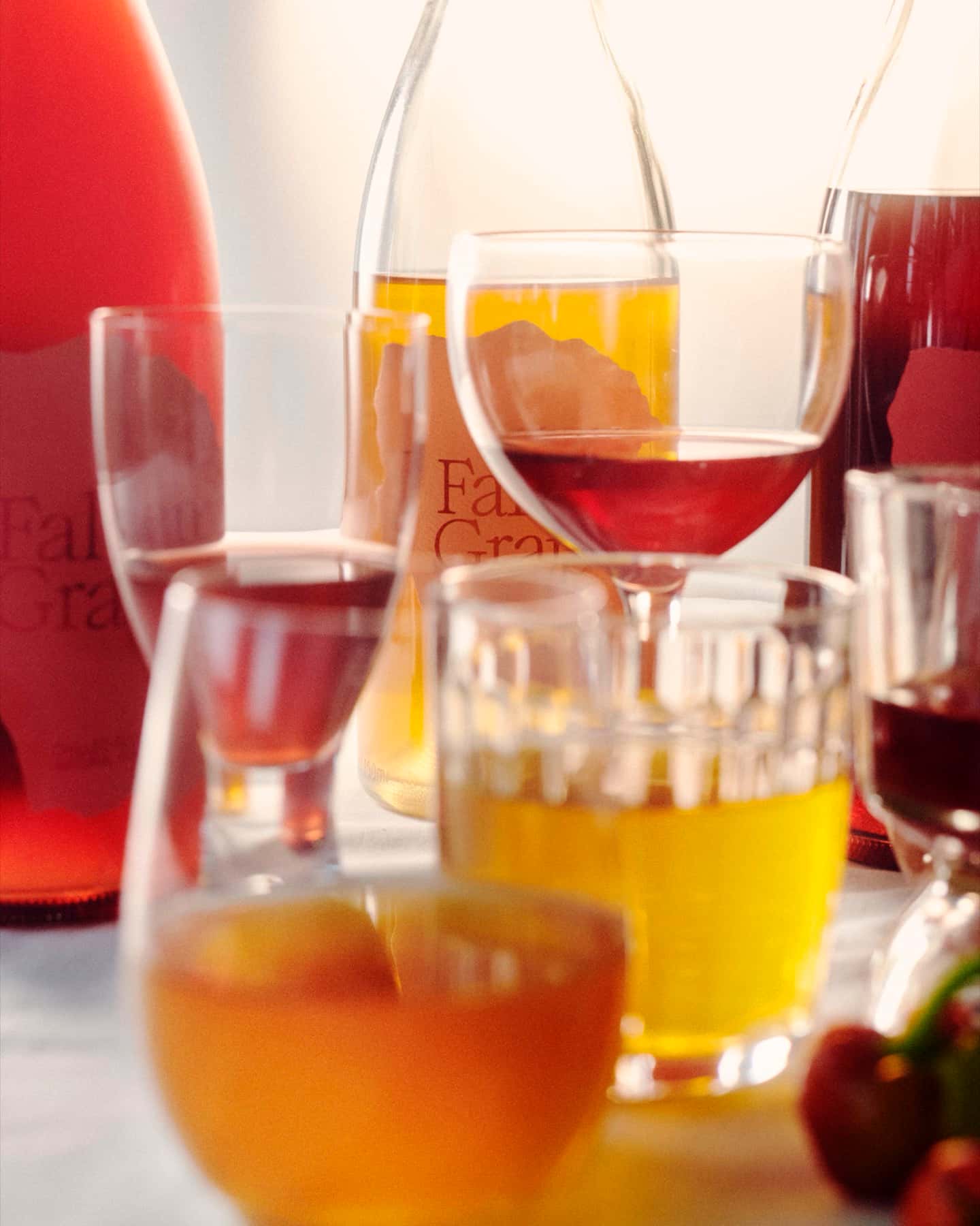 Fallen Grape Wine Co — viñedo y botellas en luz de verano